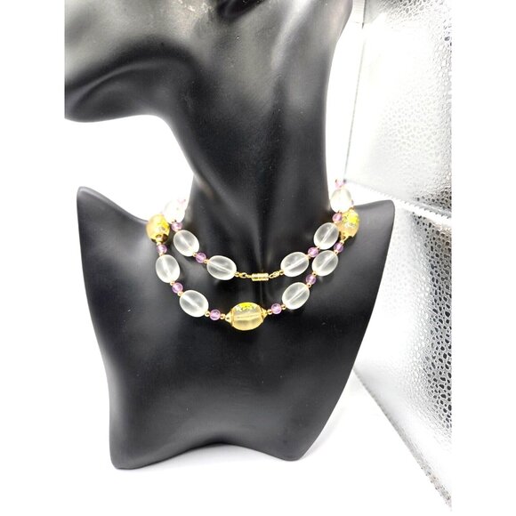 VTG Crystal and Uranium floral with Frosted and Amethyst Glass bead necklace - Picture 2 of 8